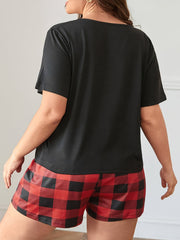 Plaid Pocket Patched Tee & Shorts Pajamas Set