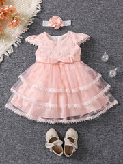 Baby Girl Casual Dress Fluter Sleeve Layered Belted Tutu Dress