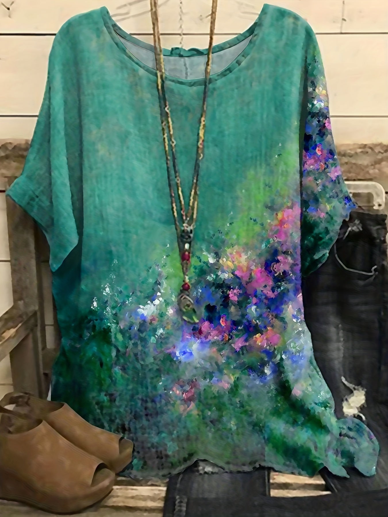 Casual Blouse Women's Plus Painting Print Short Sleeve Round Neck