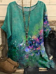 Casual Blouse Women's Plus Painting Print Short Sleeve Round Neck