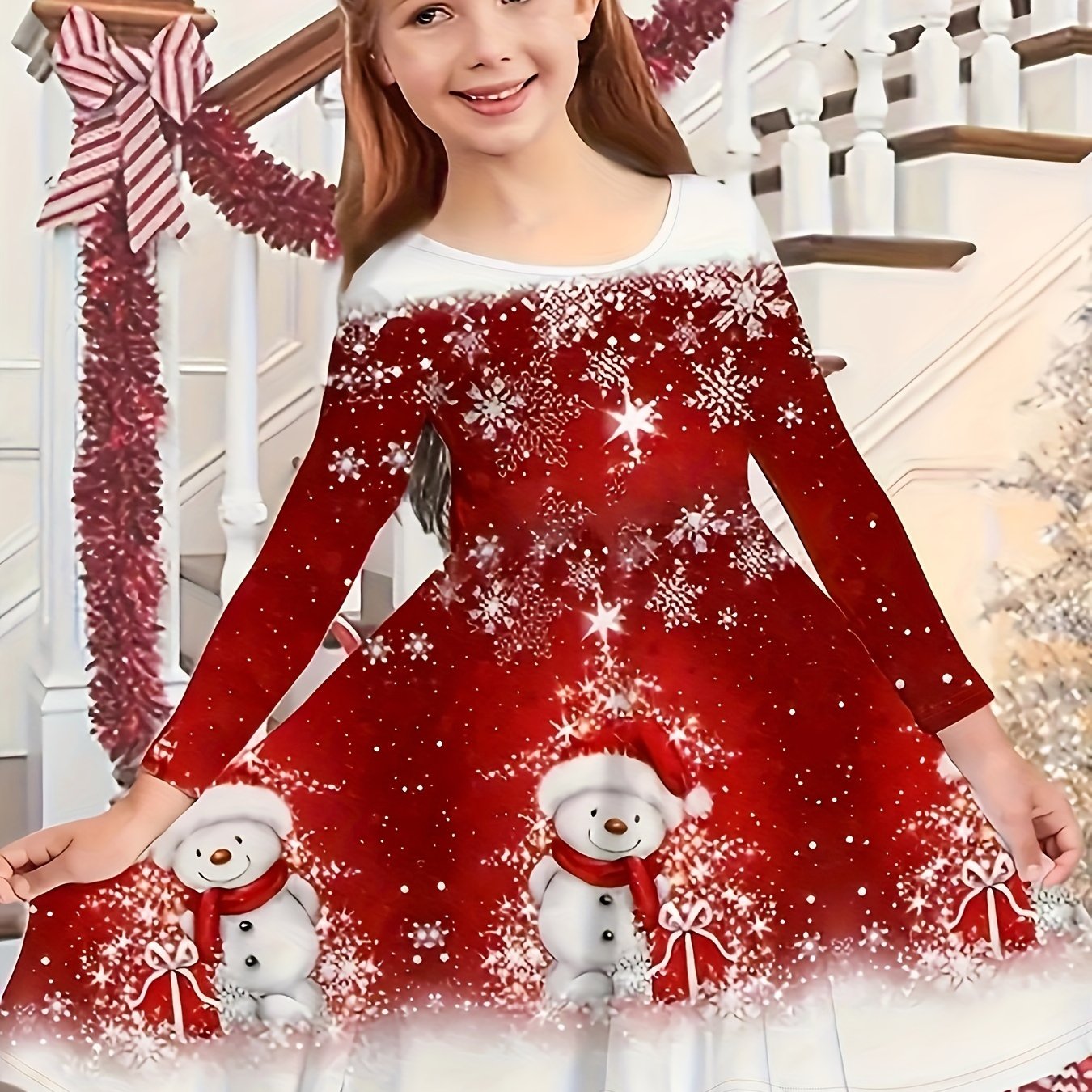 Snowman Graphic Long Sleeve Dress Girls Spring Fall Christmas Gift Party