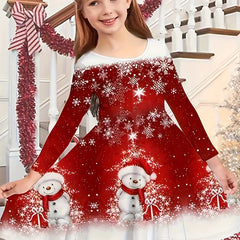 Snowman Graphic Long Sleeve Dress Girls Spring Fall Christmas Gift Party