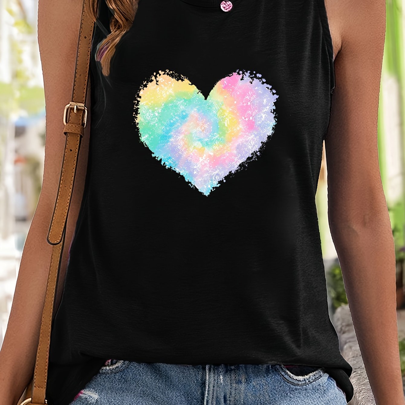 Heart Print Sleeveless Sports Vest Round Neck Casual Tops