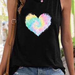 Heart Print Sleeveless Sports Vest Round Neck Casual Tops