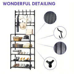 Entrance Coat Rack Foyer Shoe Rack w/ Storage Shelves & Hooks