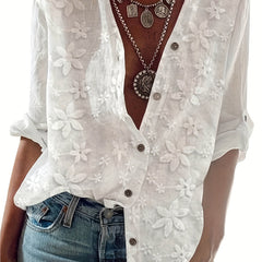 Solid Floral Embroidered Button Up Shirt