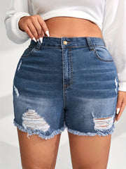 Eye Print Ripped Denim Shorts with Fringe Trim