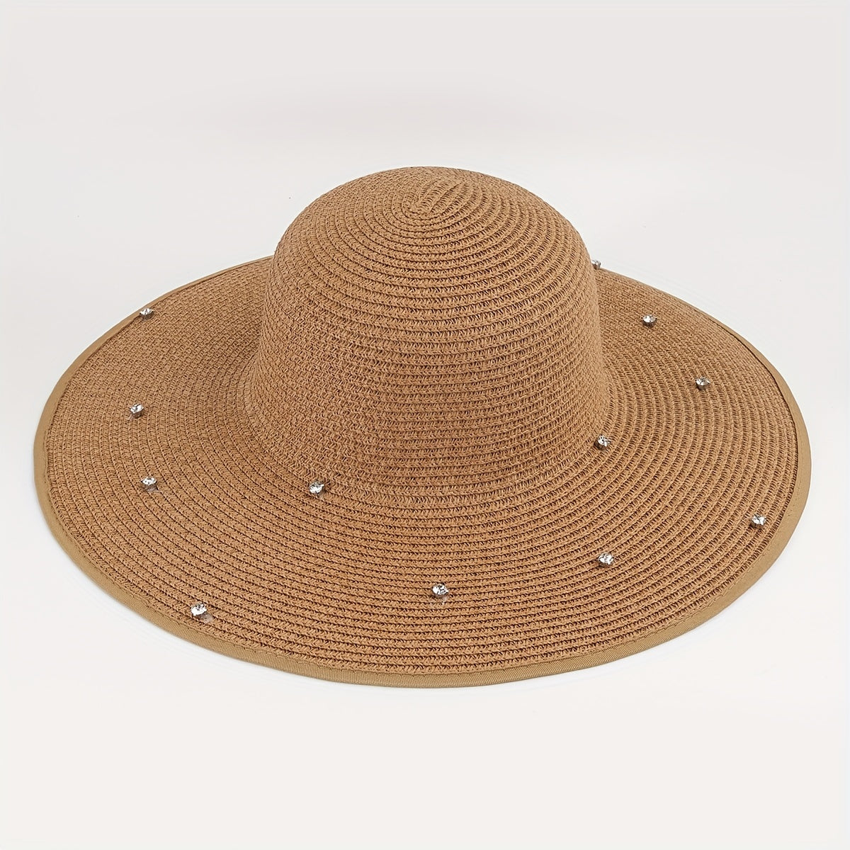 Rhinestone Decor Wide Brim Straw Bucket Hat