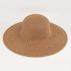 Rhinestone Decor Wide Brim Straw Bucket Hat