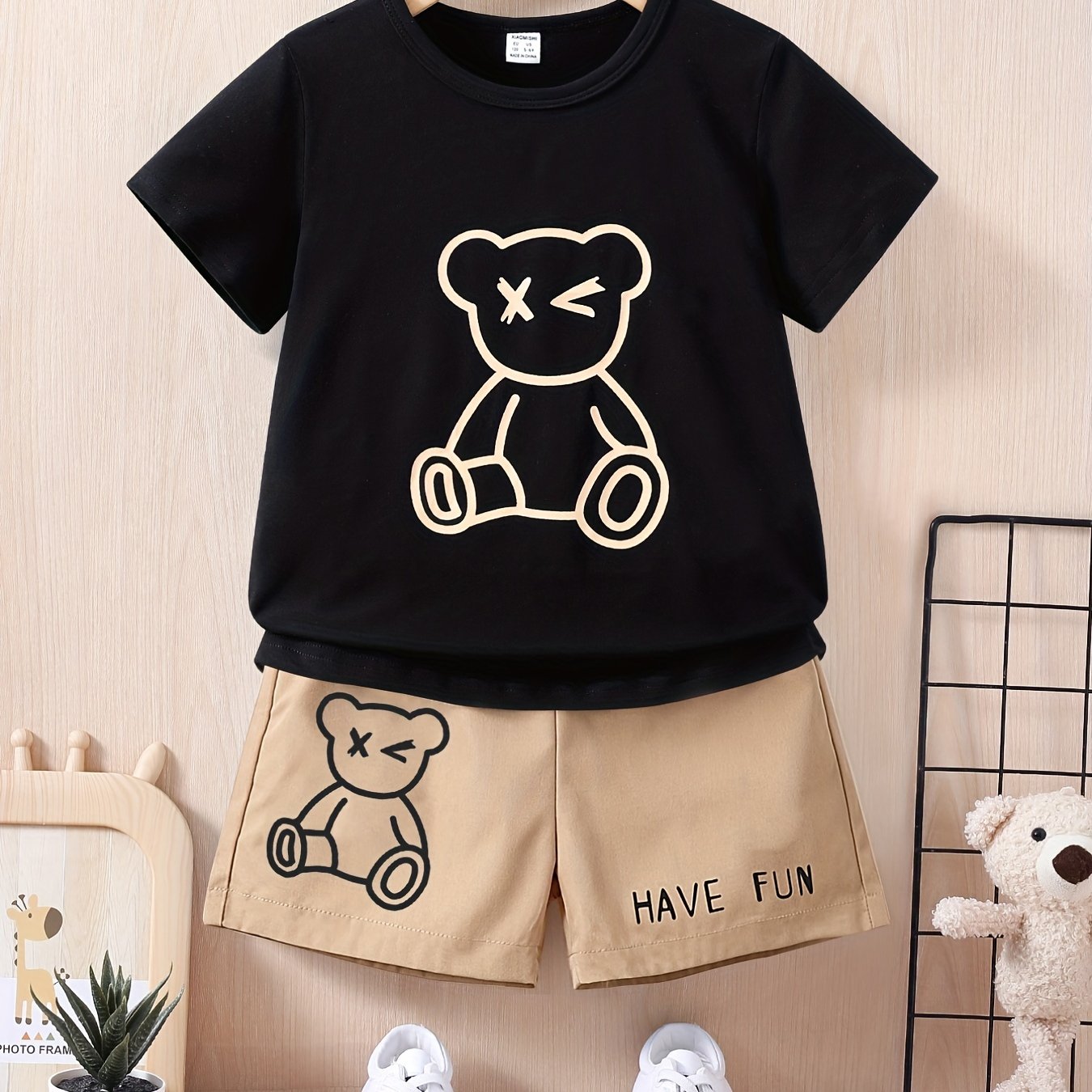 Boys Bear Graphic Casual Outfit T-shirt & Shorts Kids Summer Clothes Sets