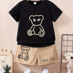 Boys Bear Graphic Casual Outfit T-shirt & Shorts Kids Summer Clothes Sets