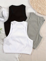 3pcs Solid Ribbed Lounge Tops Crew Neck Tank Top