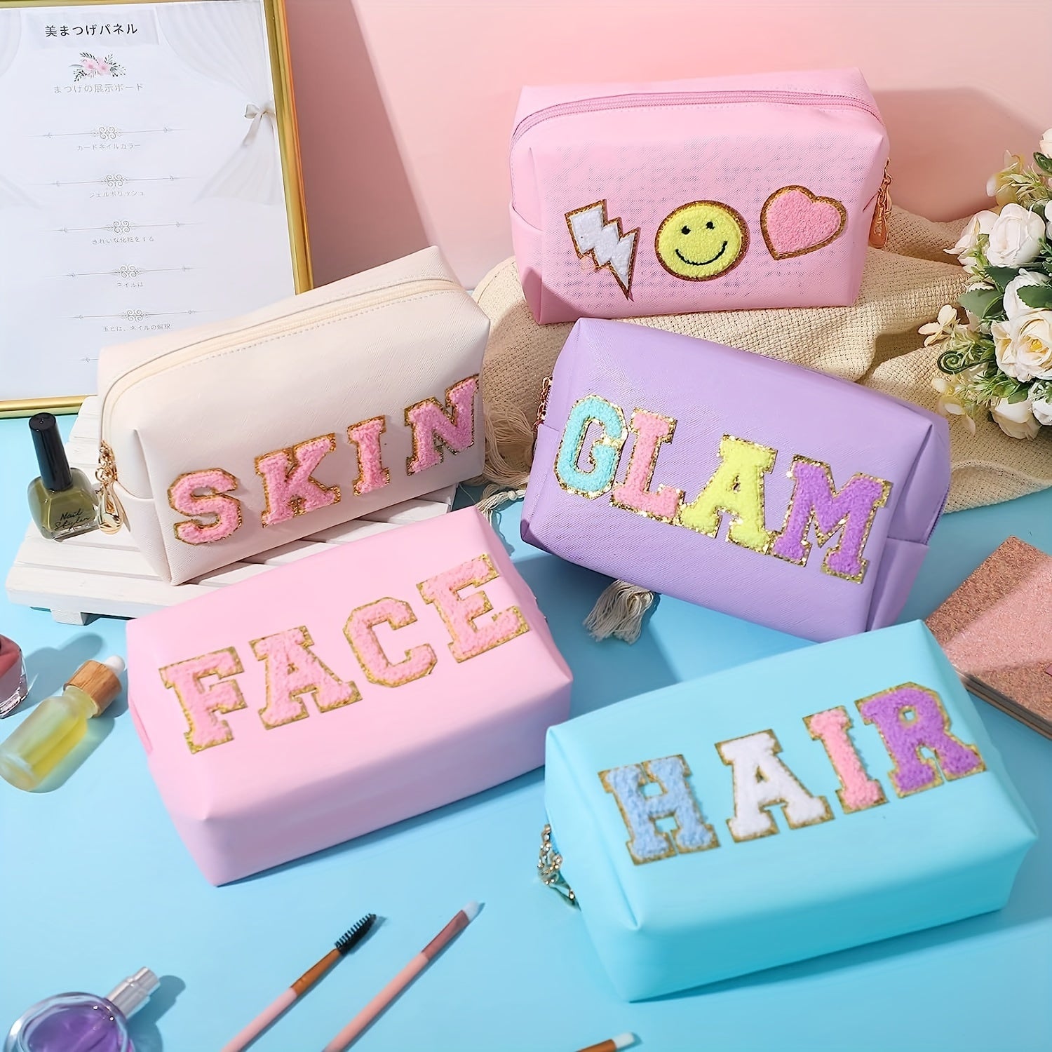 Preppy Patch Cosmetic Bag PU Leather Makeup Zipper Pouch