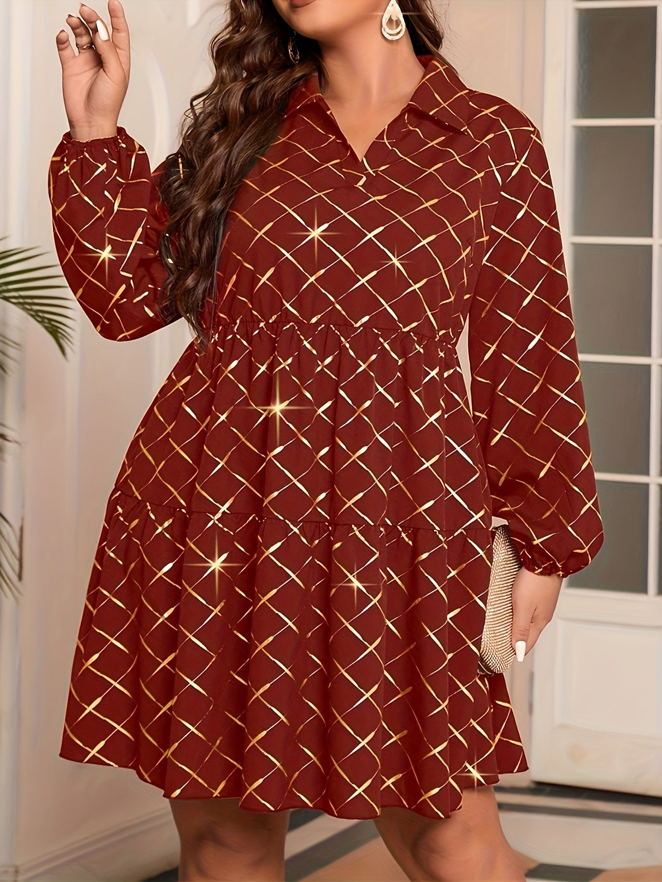 Women's Golden Argyle Print V Neck Smock Mini Dress