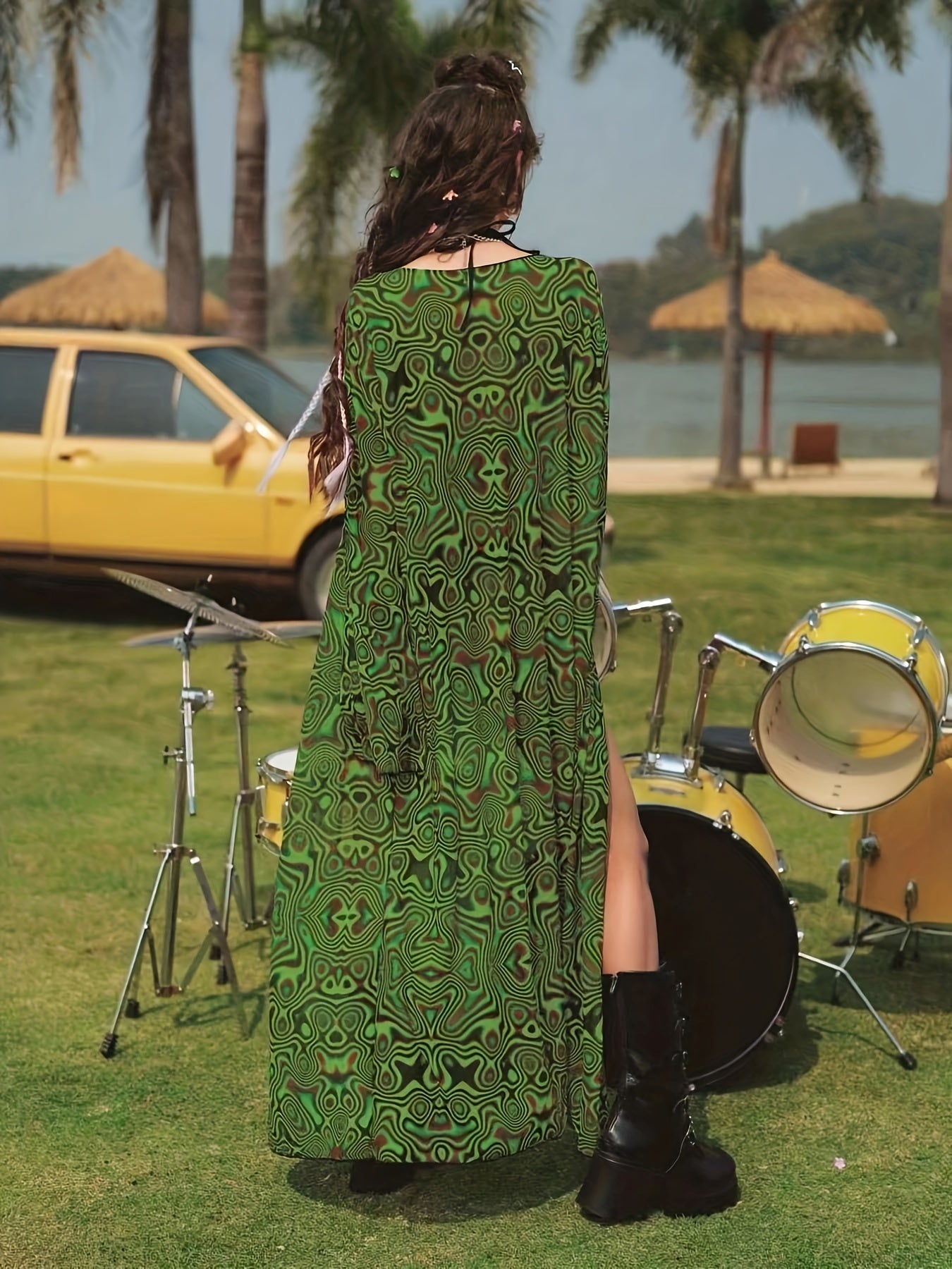 Wavy Ripple Print Long Sleeve Kimono Cover Up