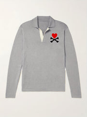 Heart Pattern Knit Polo Shirt Men's Casual Lapel Stretch V Neck Pullover