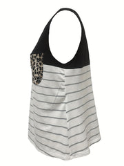Plus Size Colorblock Stripe & Leopard Print V Neck Tank