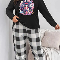 Anime Print Long Sleeve Top & Plaid Pants Lounge Set