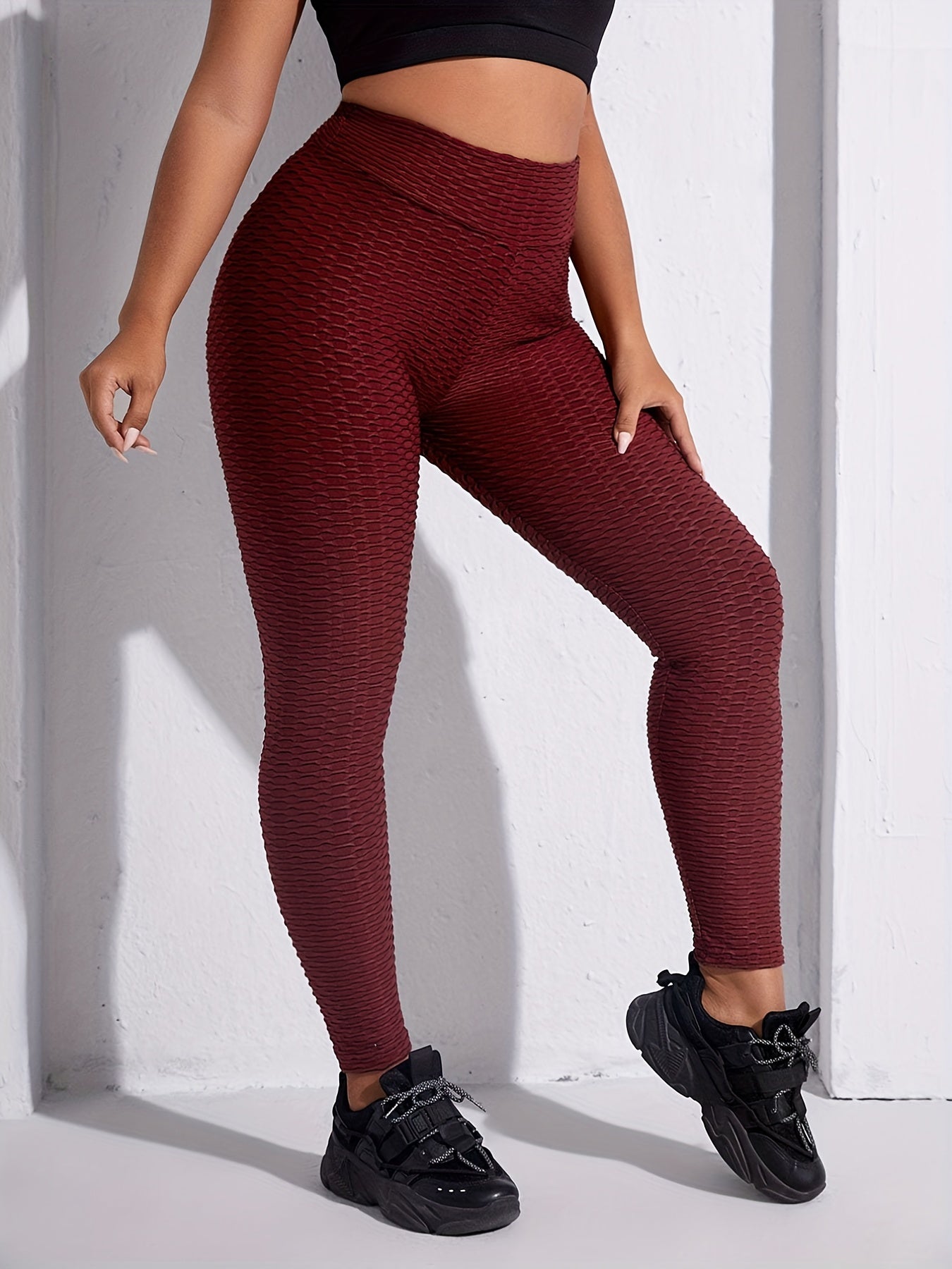 High Rise Skinny Sports Leggings - Solid Honeycomb Pattern