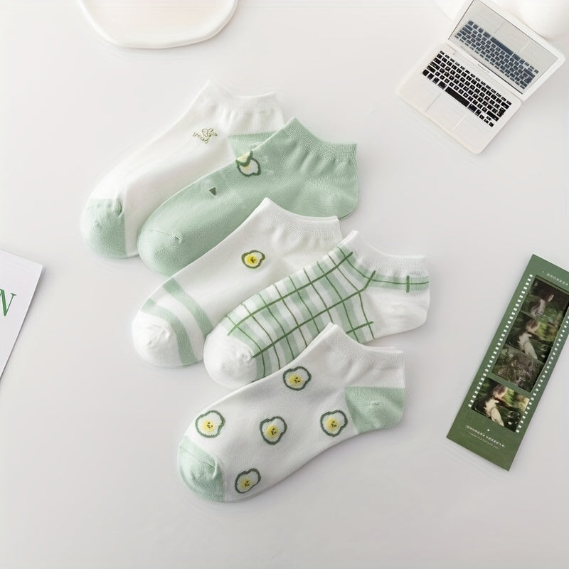 5 Pairs Fruit Print Socks & Lightweight Low Cut Ankle Socks for Women