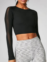 Solid Mesh Contrast Sports Top Long Sleeve Casual Yoga T-shirt