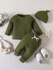 Baby 3pcs Set Ribbed Knitted Tops & Long Pants & Cap Cotton Clothes