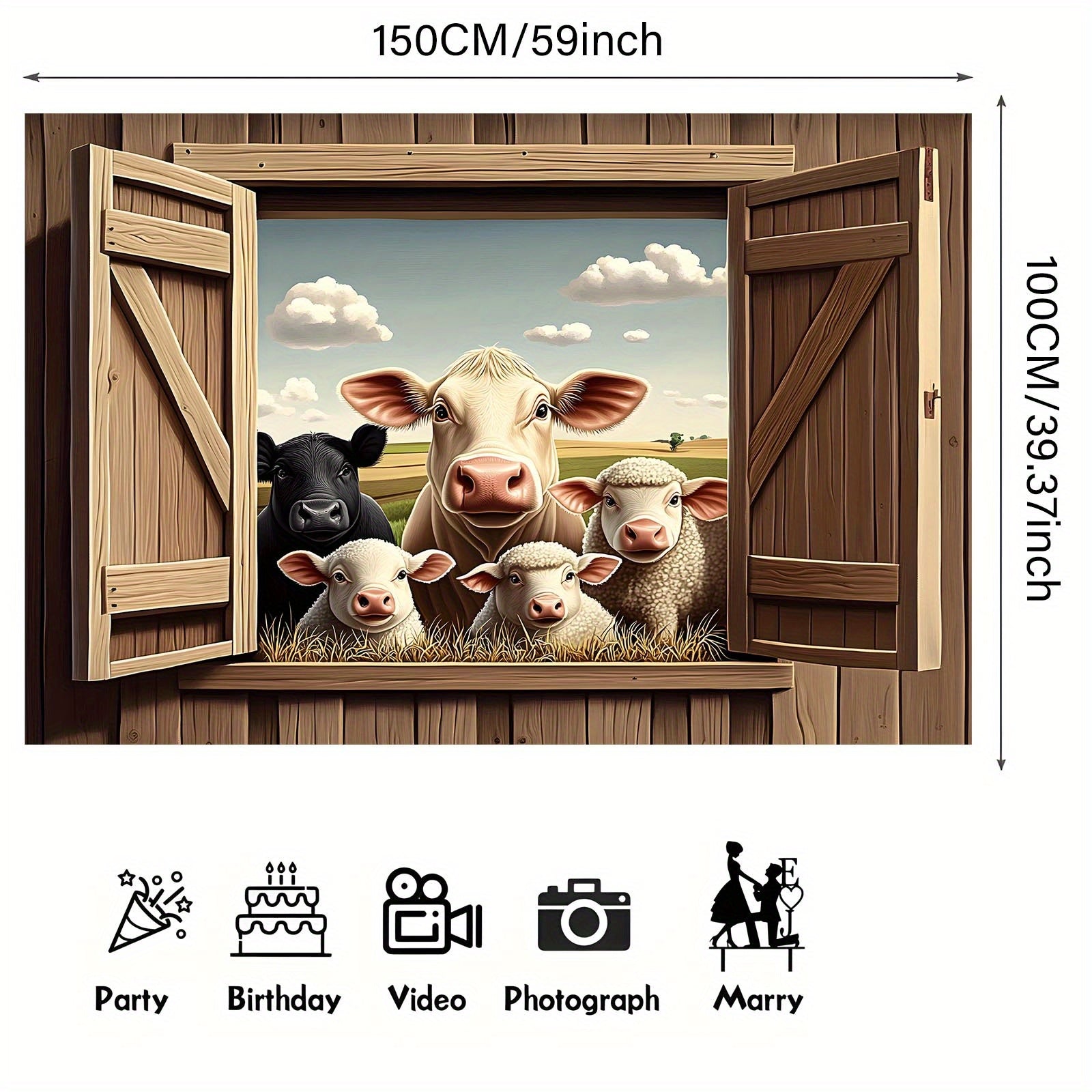 Rustic Farm Animals Peep Through Window Wall Decor with Cow & Sheep Illustration