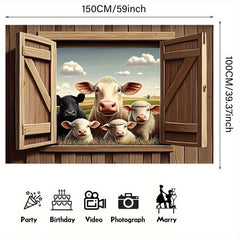 Rustic Farm Animals Peep Through Window Wall Decor with Cow & Sheep Illustration