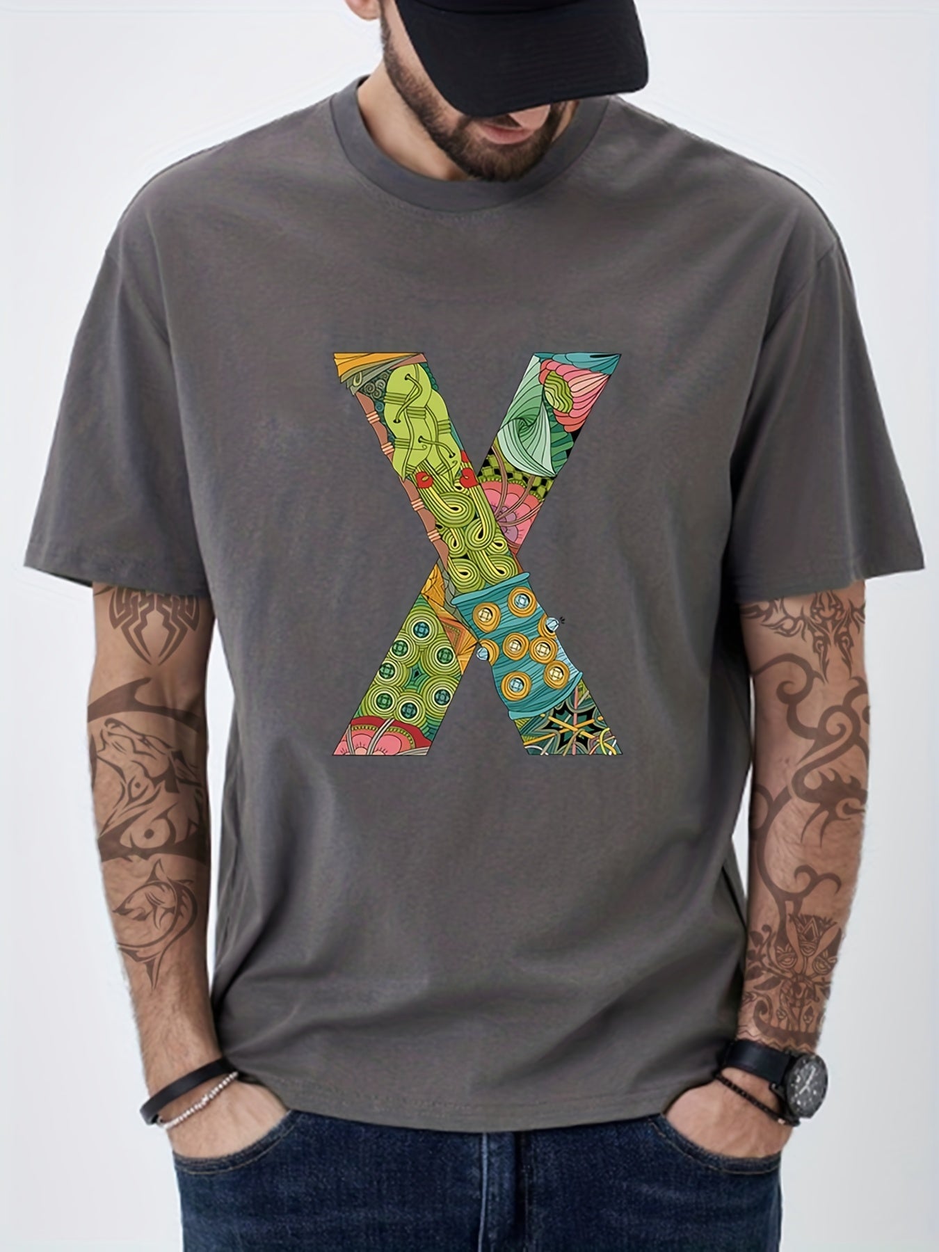 X Print Men's Graphic Crew Neck T-shirt for Summer Casual Comfy Tee