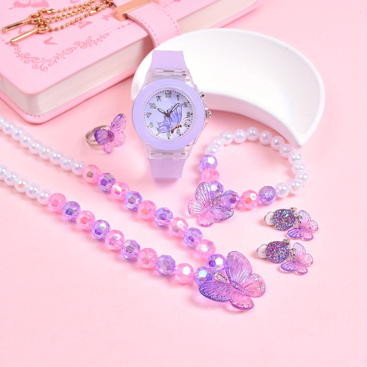 Girls' 6pcs Set Dual Movement LED Glowing Quartz Watch