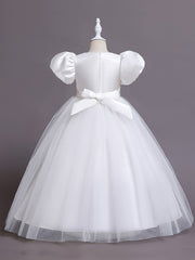Girls Puff Sleeve Tulle Princess Dress Flower Embroidery Chinese Christmas Party