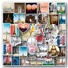 50pcs Paris Stickers Waterproof for Water Bottle Laptop Guitar Laggage Phone