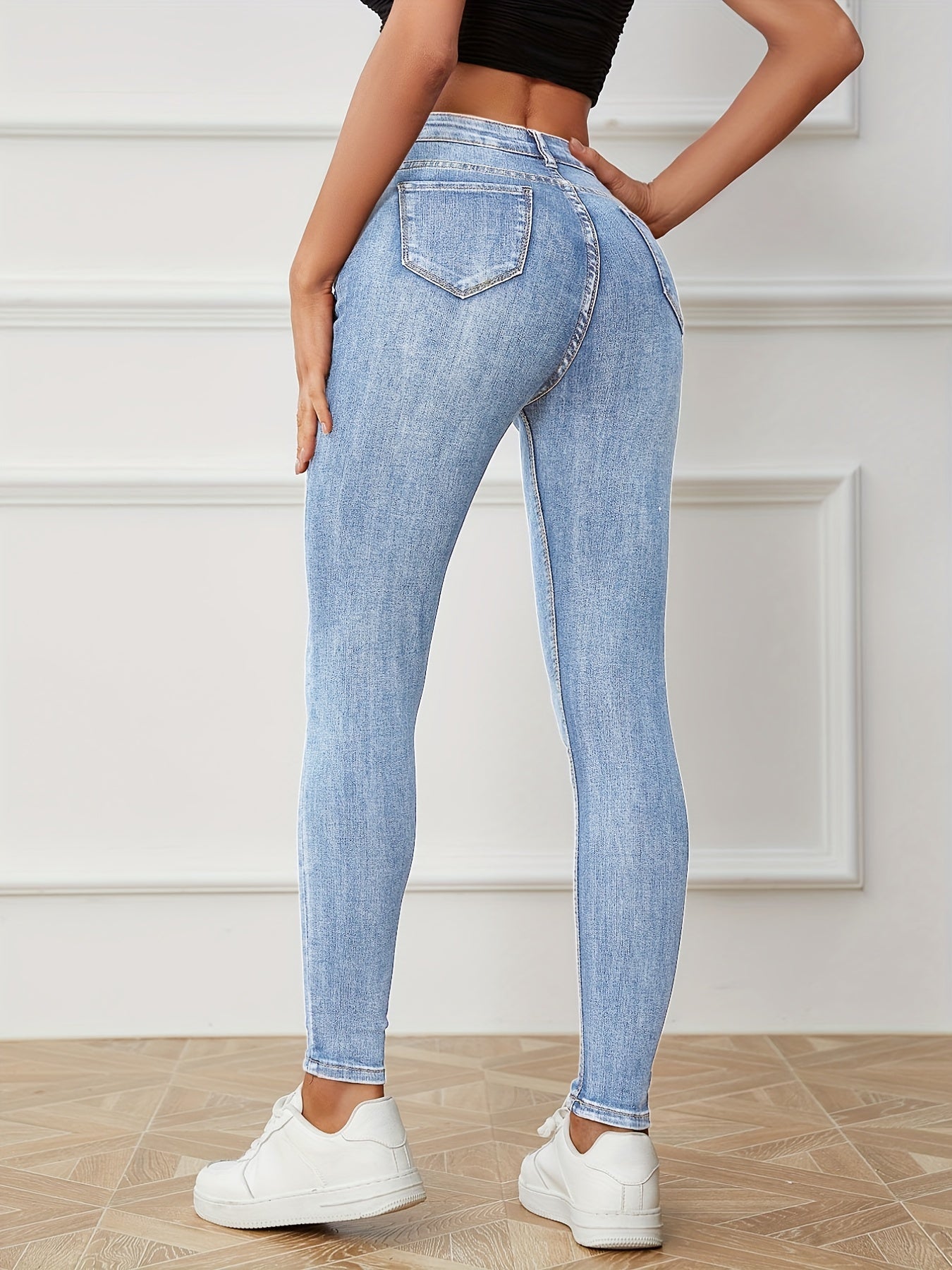 High Rise Water Ripple Skinny Jeans High Waist Zipper Button Closure