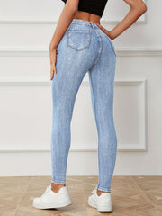 High Rise Water Ripple Skinny Jeans High Waist Zipper Button Closure