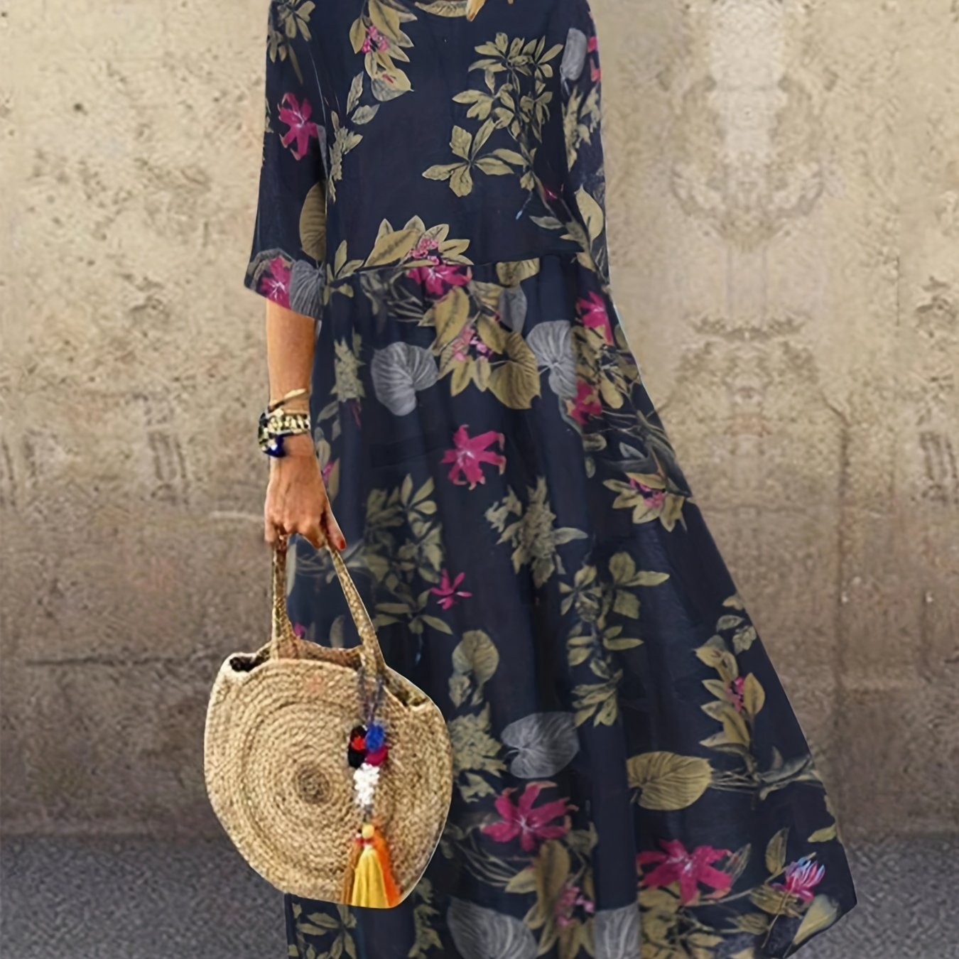 Women's Plus Floral Print Half Sleeve Round Neck Maxi Dress
