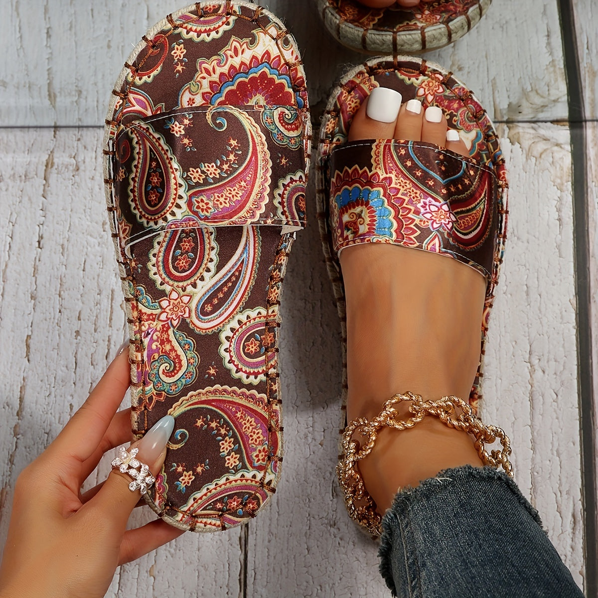 Women's Print Slide Sandals Casual Linen Platform Slippers