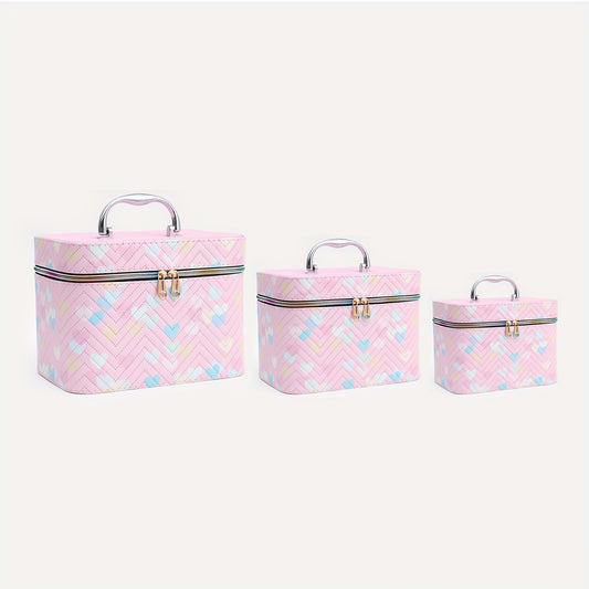 Heart Pattern Makeup Travel Case Cosmetic Organizer Bag with Mirror - 3 Sizes