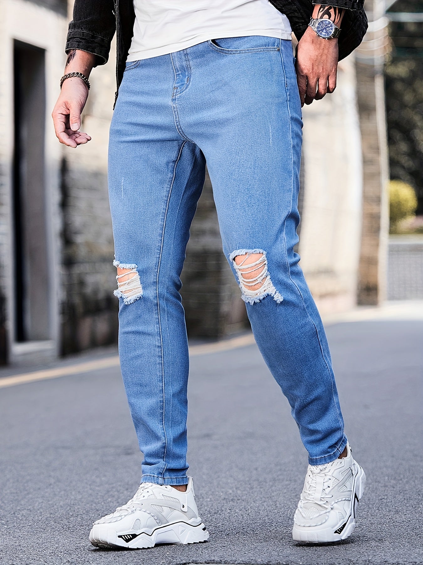 Slim Fit Ripped Jeans Men's Street Style Denim Pants