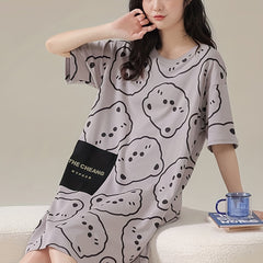 Bear Print NightDress Short Sleeve Pajama Dress Women's Sleepwear