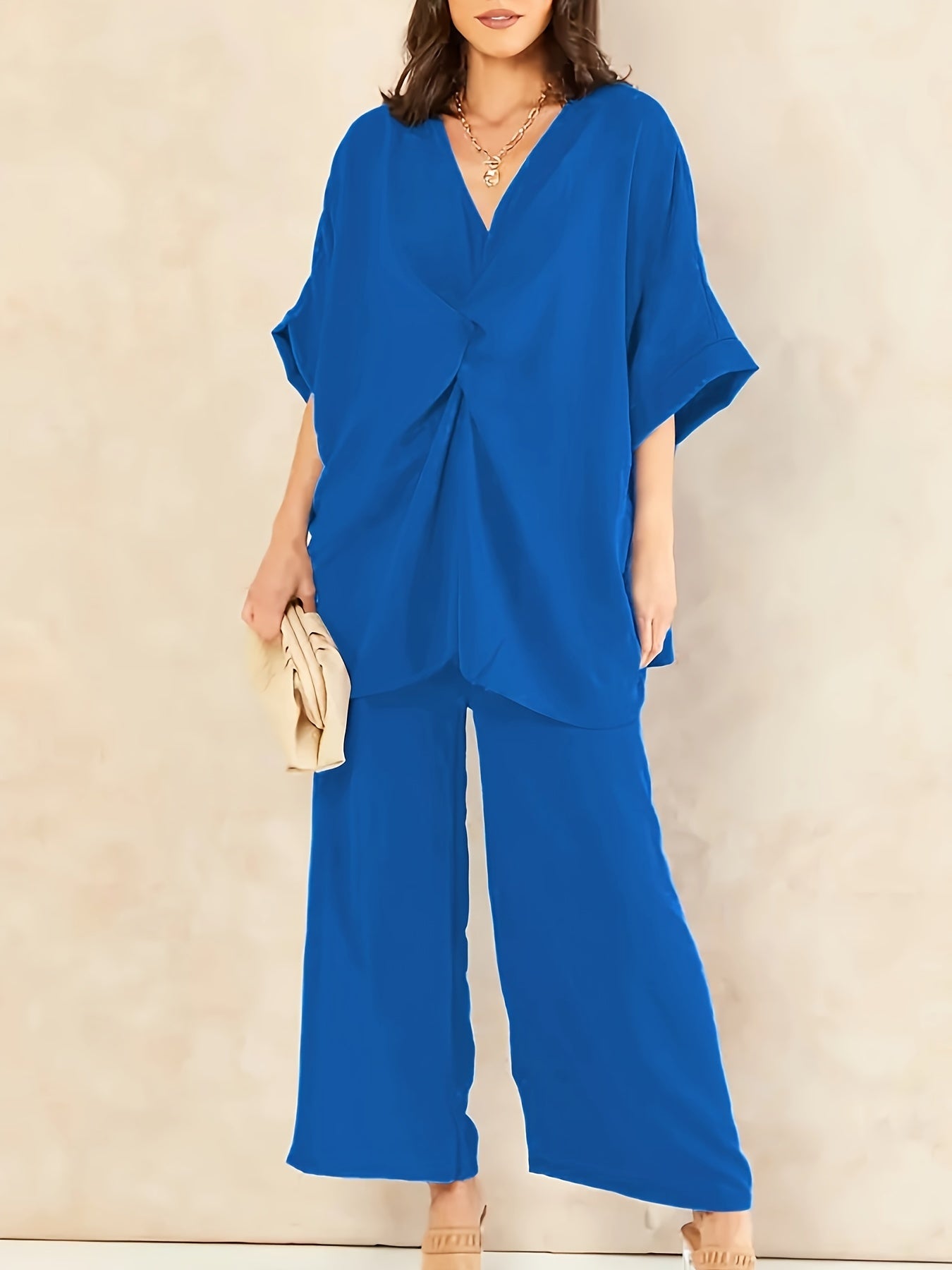 Solid Twist Front Bat Sleeve Top & Wide Leg Pants Set