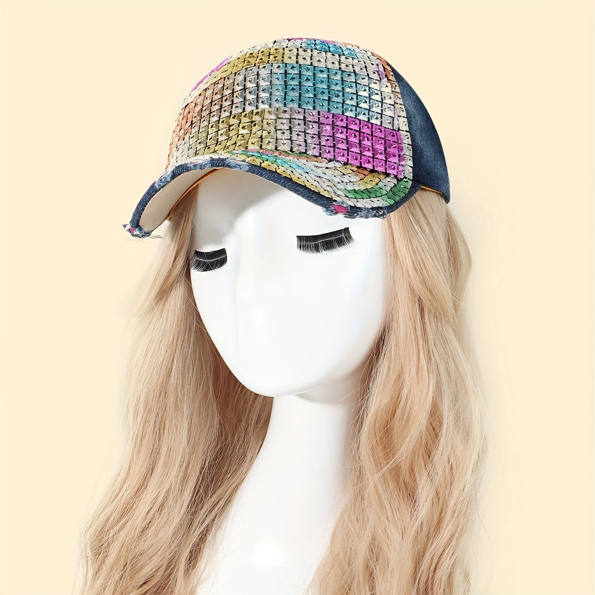 Y2K Rainbow Rhinestone Baseball Cap Denim Sports Hat