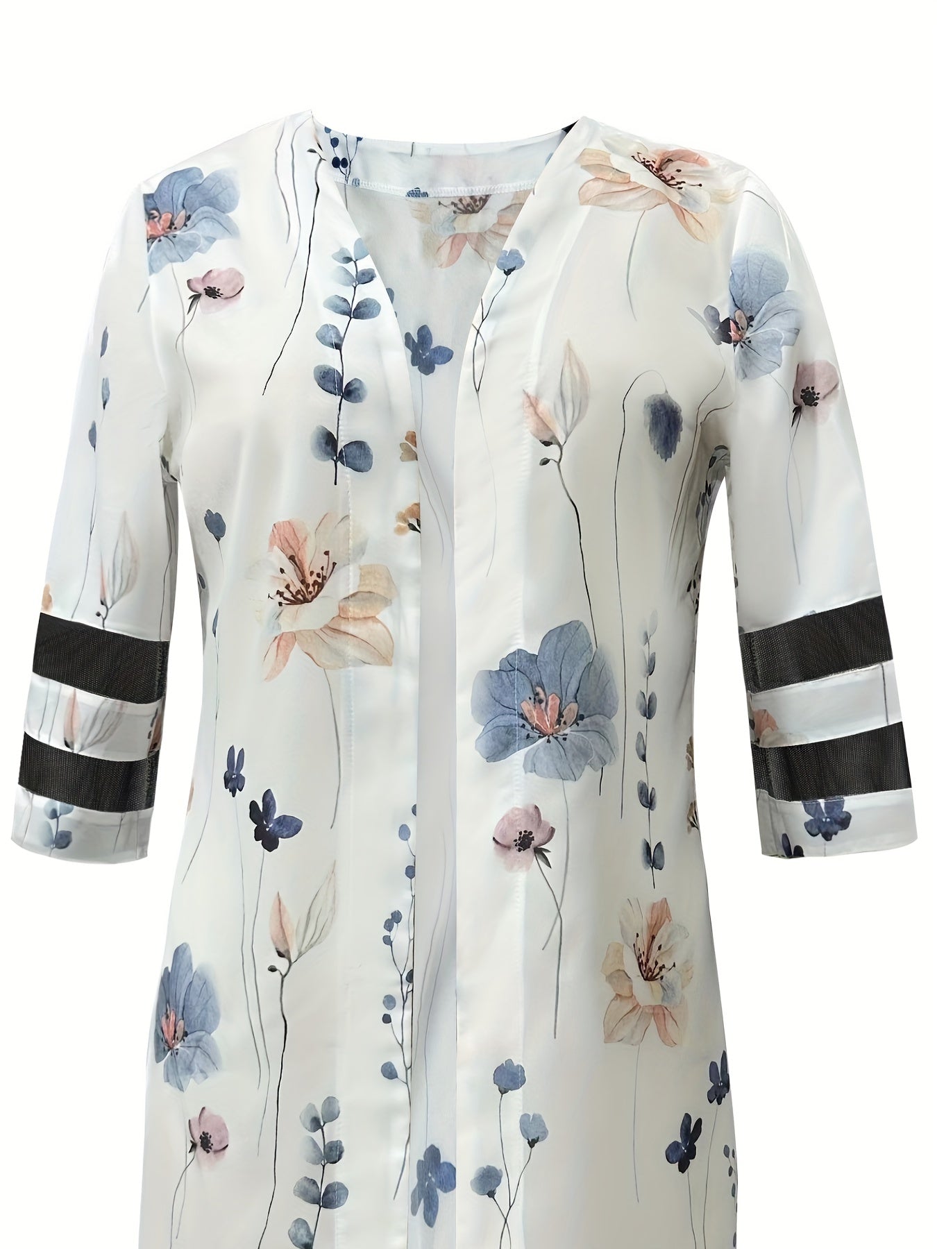 Floral Print Half Sleeve Jacket Casual Open Front Crew Neck Outerwear