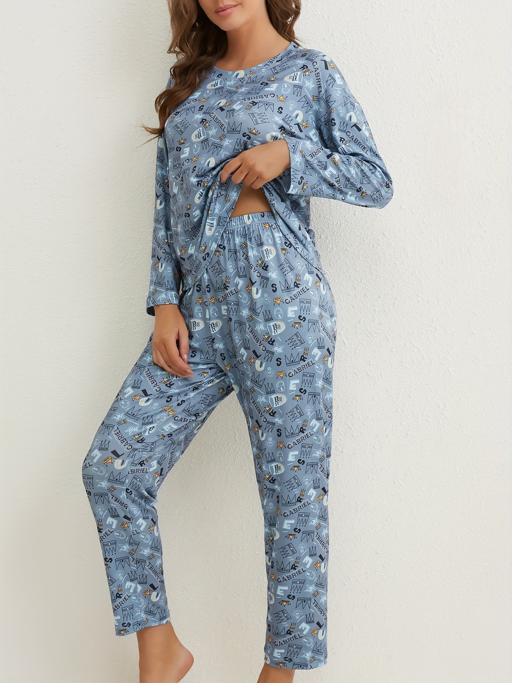 Crown Print Pajamas Set Long Sleeve Top & Pants Sleepwear Women