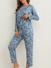 Crown Print Pajamas Set Long Sleeve Top & Pants Sleepwear Women