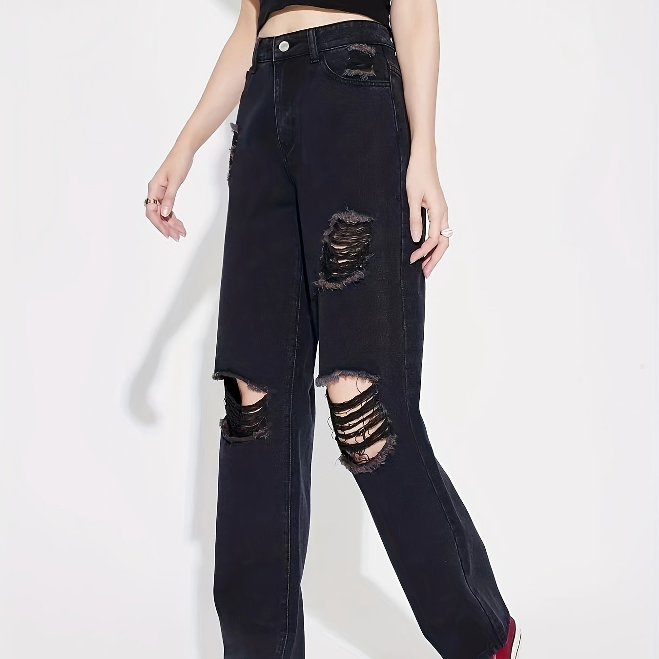 High Rise Distressed Straight Leg Denim Jeans