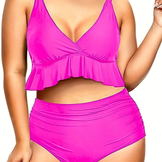Sexy Bikini Set V Neck Ruffle Crop Top & Ruched Panty Swimsuit
