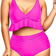 Sexy Bikini Set V Neck Ruffle Crop Top & Ruched Panty Swimsuit