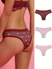 3pcs Heart Print Panties Lace Trim Sexy Low Waist Women's Lingerie