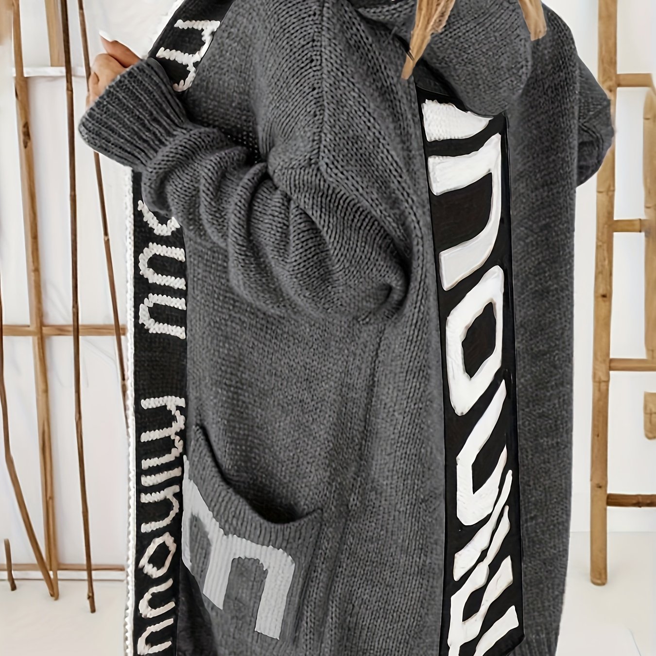 Letter Print Hooded Cardigan with Pockets