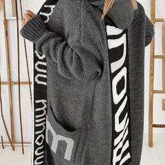 Letter Print Hooded Cardigan with Pockets
